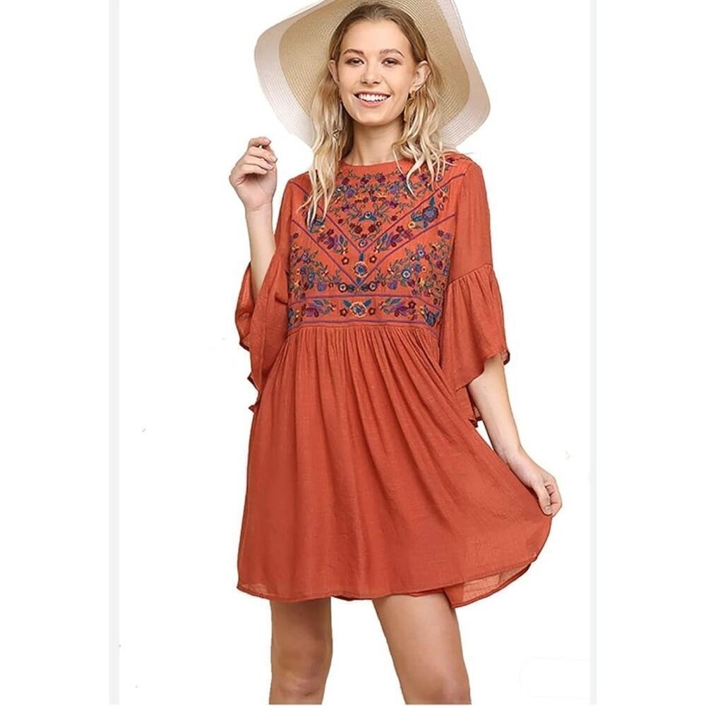 Umgee Plus Embroidered Bell Sleeve Lined Mini Dress in Burnt Orange Size 2X